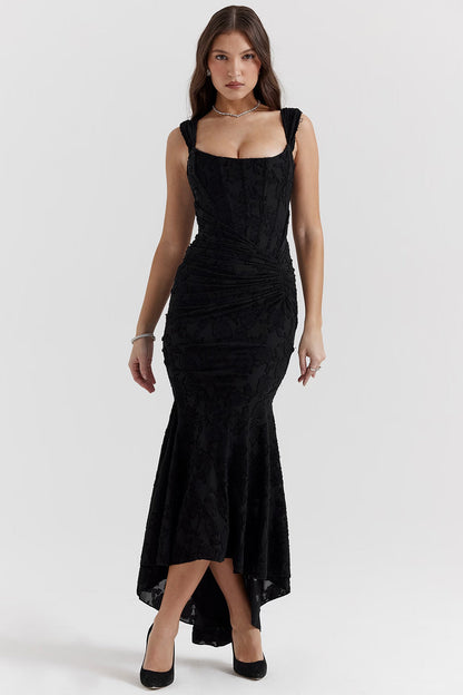 Black corset midi dress with square neckline, wide straps, ruched waist, and high-low hem