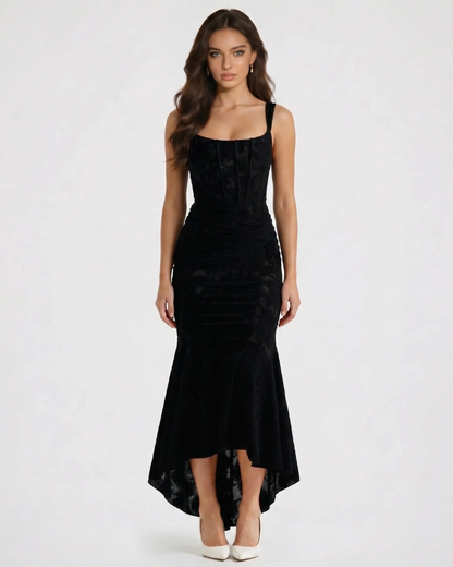 Front view black corset midi dress with wide straps, fitted bodice and high-low hem