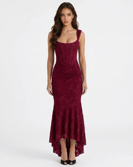Burgundy corset midi dress with square neckline, wide straps, ruched waist and floral lace overlay