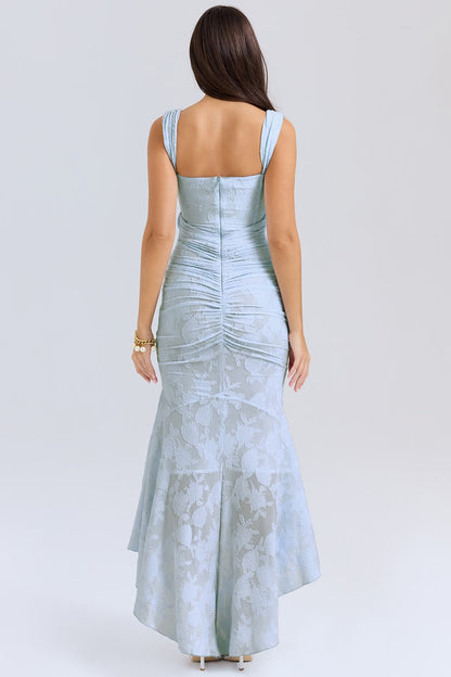 Back view of light blue corset midi dress with straight back neckline, center zipper and flared hem