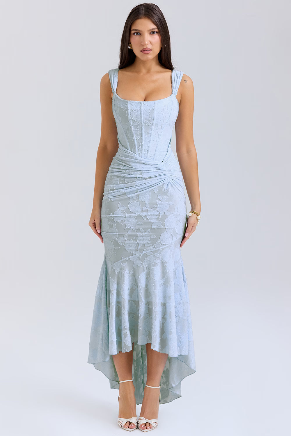 Light blue corset midi dress with square neckline, floral jacquard fabric and ruched waist, front view