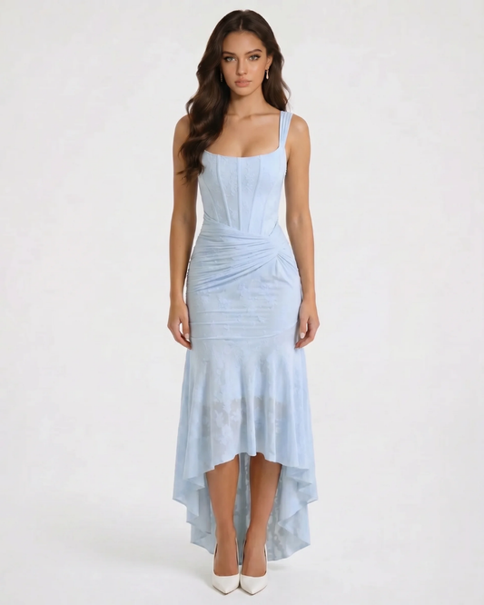 Light blue corset midi dress with square neckline, ruched waist, and high-low hem front view