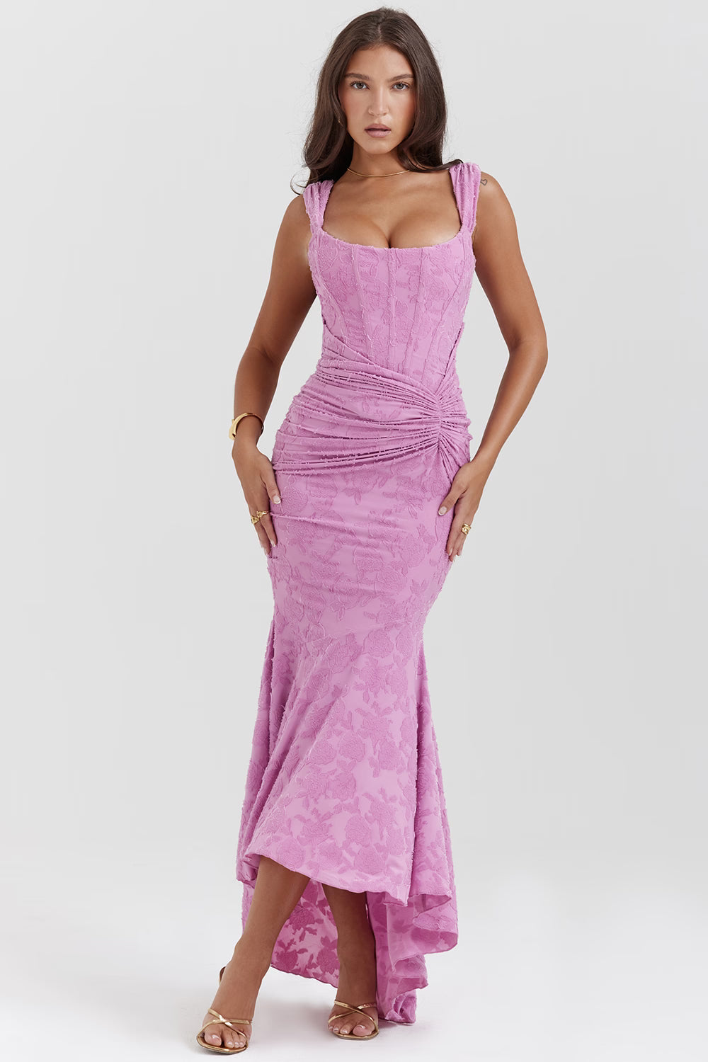 Pink corset midi dress with square neckline, wide straps, ruched waist and high-low hem