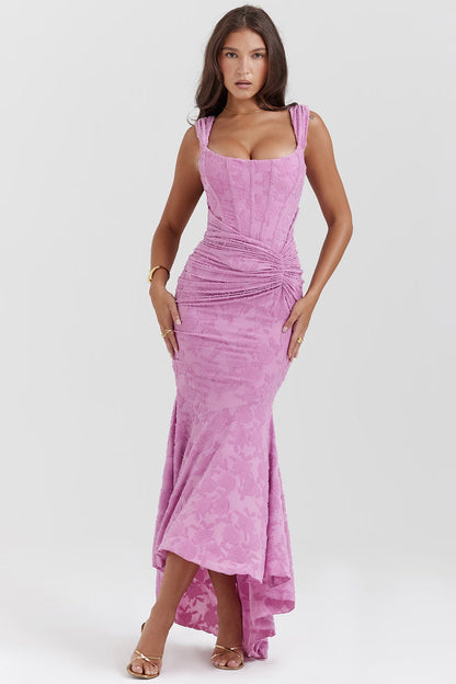 Pink corset midi dress with square neckline, wide straps, ruched waist and high-low hem