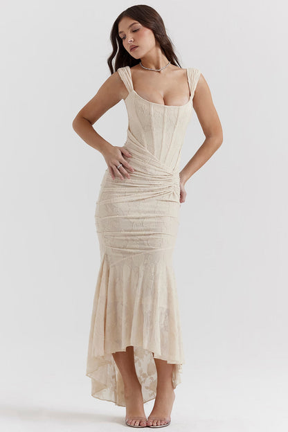 Front view white corset midi dress with square neckline, wide straps, ruched waist and high-low hem