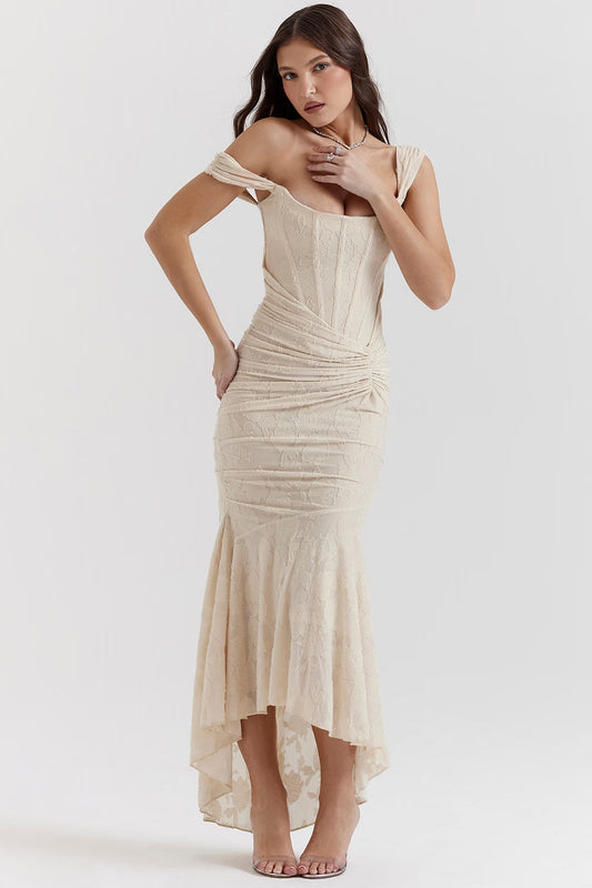 White corset midi dress with floral jacquard, off-shoulder strap and ruched wrap waist