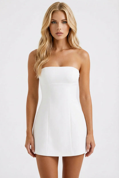 Front view of white strapless mini dress with fitted bodice and slight A-line skirt