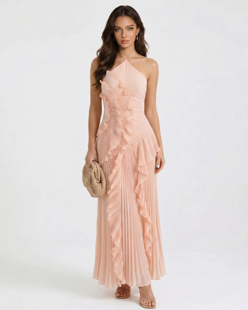 Blush pink ruffle maxi dress with halter neckline, pleated skirt and cascading front ruffles
