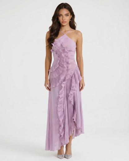 Purple pleated ruffle maxi dress with halter neckline and cascading tiered front detail