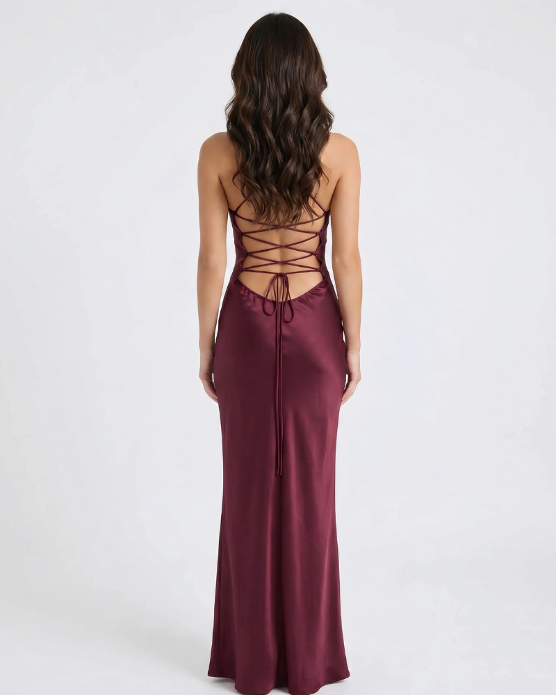 Back view burgundy satin maxi dress with sequin bust and lace-up open back corset detail
