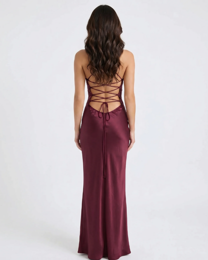 Back view burgundy satin maxi dress with sequin bust and lace-up open back corset detail