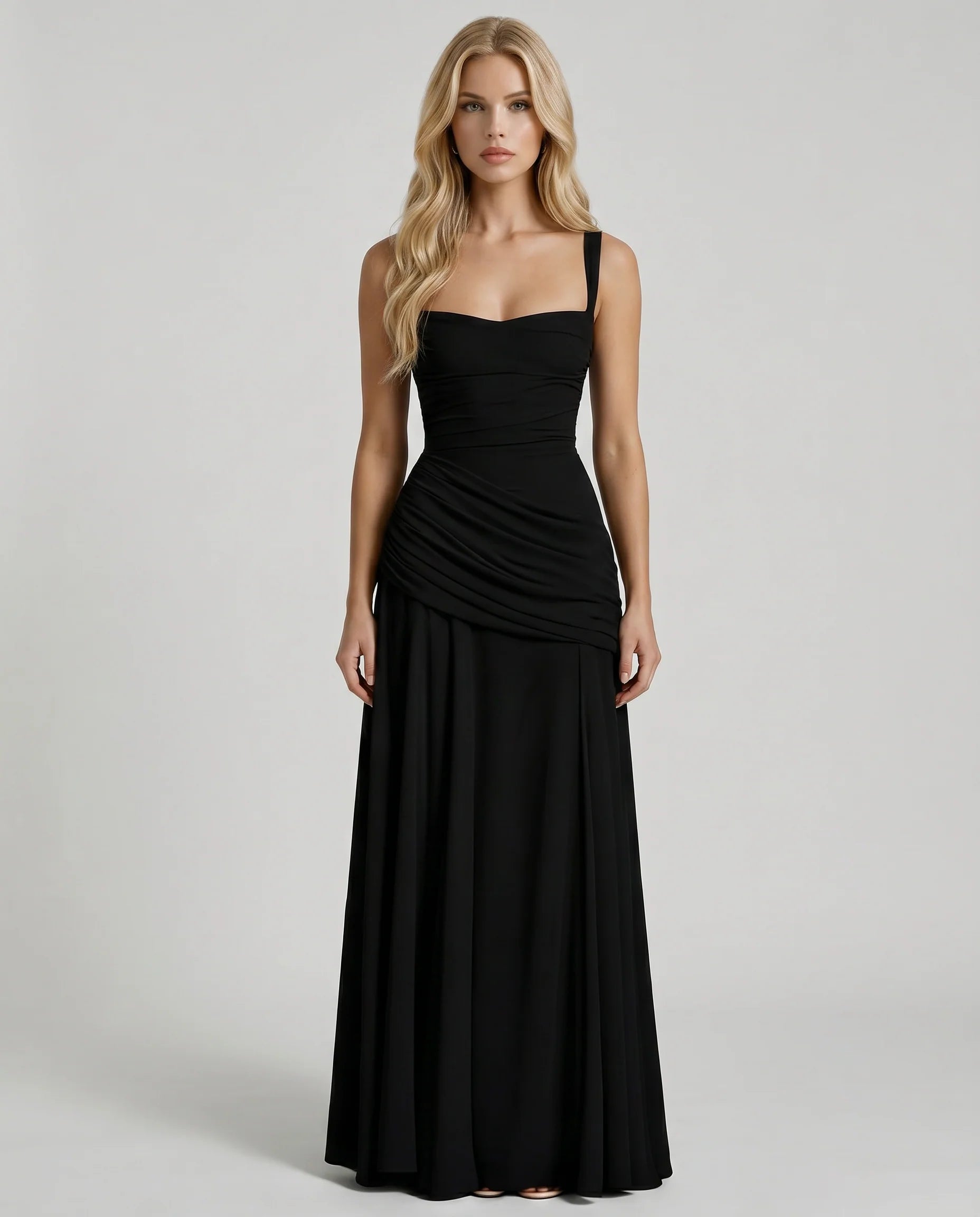 Black ruched maxi dress with square neckline, wide straps, and floor-length skirt front view