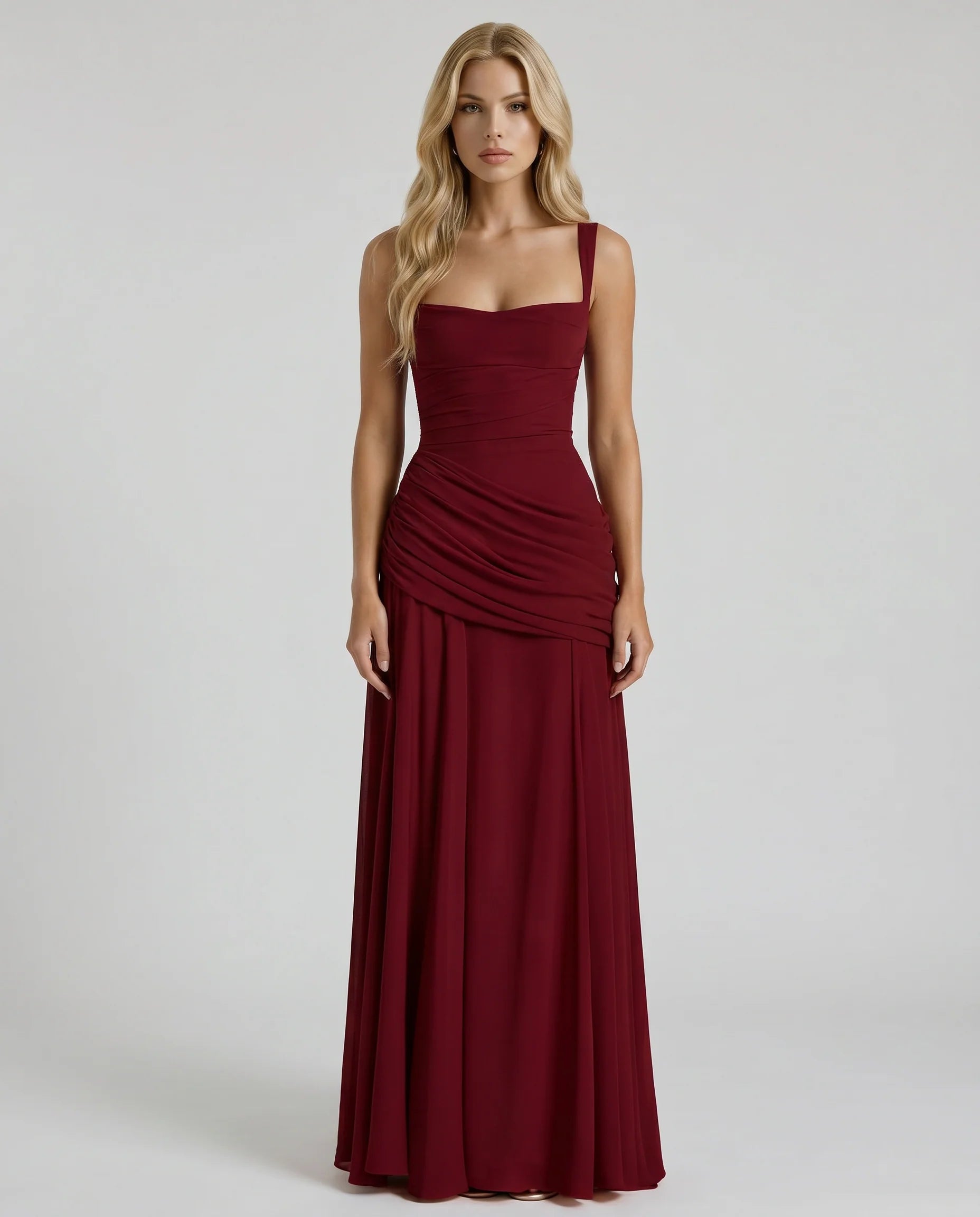 Burgundy ruched maxi dress with square neckline and wide straps, full-length front view