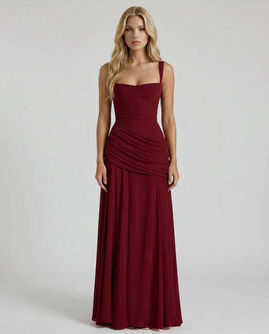 Burgundy ruched maxi dress with square neckline and wide straps, full-length front view