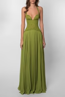 Studio front view of green corset maxi dress with sweetheart neckline and floor-length skirt
