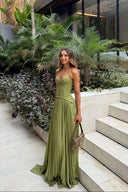 Olive green corset maxi dress with sweetheart neckline and flowing skirt, front view outdoors