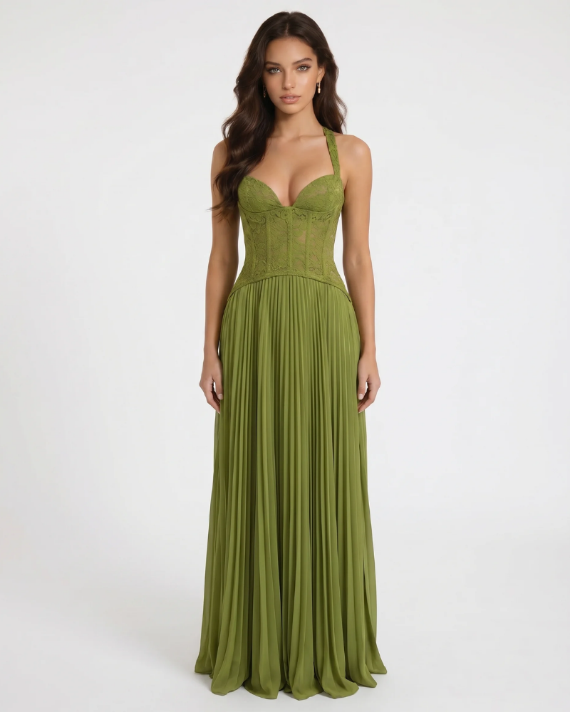 Green corset maxi dress with lace bodice, halter straps, and pleated floor-length skirt, front view