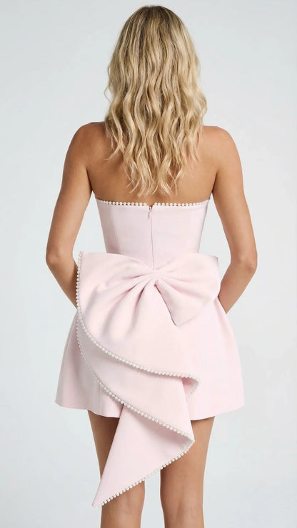 Back view of blush pink mini dress showing oversized bow with pearl edging and center zip closure