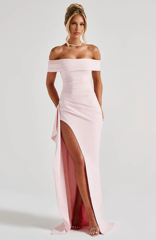 Light pink off shoulder ruched maxi dress with thigh high slit and draped side panel