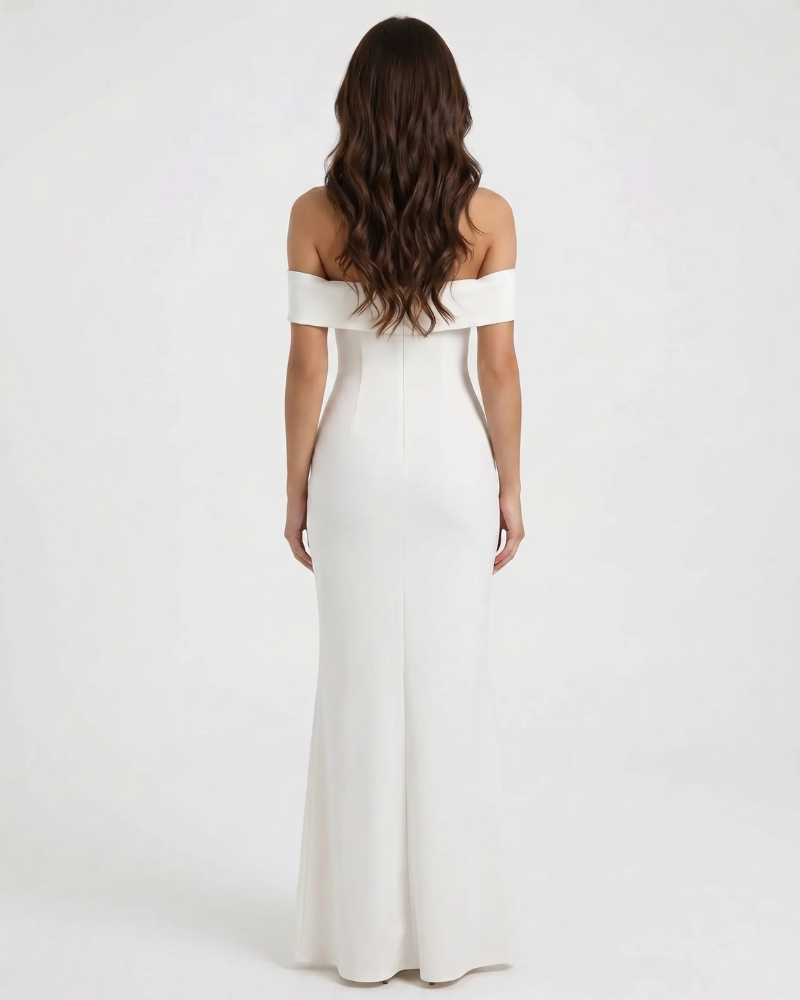 Back view of white off-shoulder maxi dress with straight neckline band and smooth fitted skirt