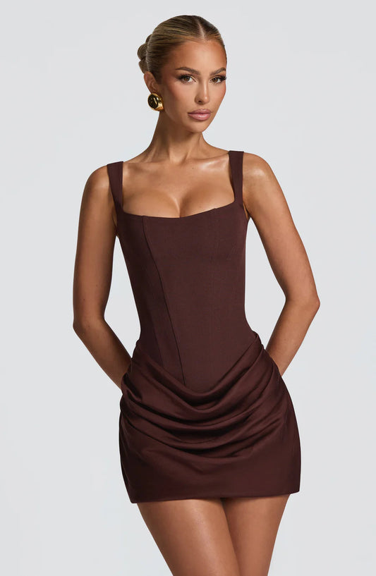Brown corset mini dress with square neckline, wide straps, and draped satin-look skirt, front view
