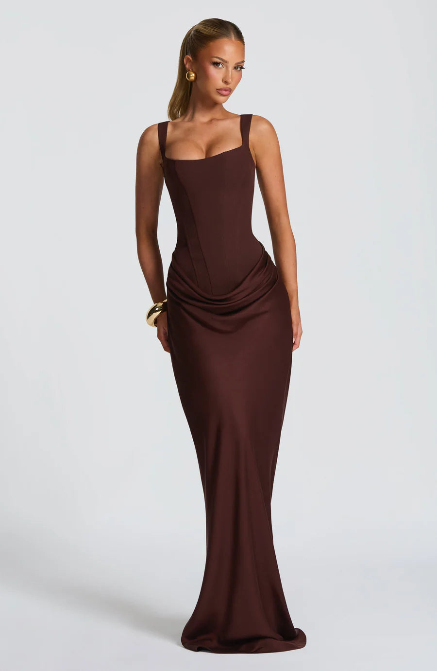 Brown draped maxi dress with square neckline, wide straps, fitted bodice and floor-length skirt