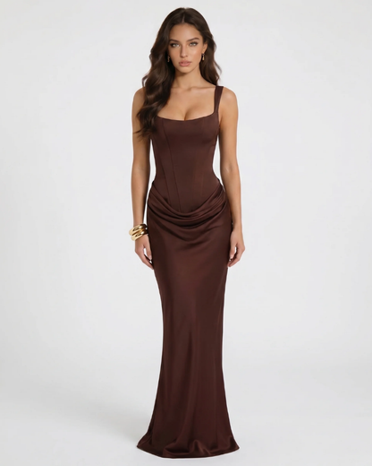 Brown draped maxi dress with square neckline, wide straps and ruched hip detail, front view
