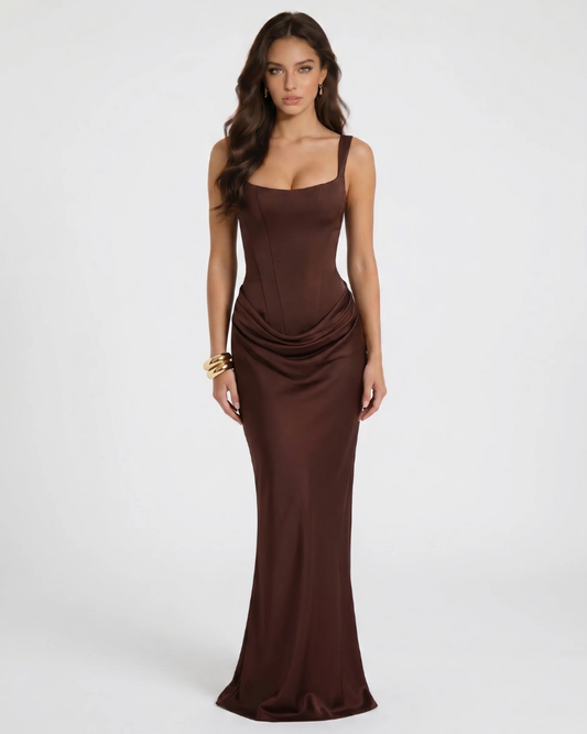 Brown draped maxi dress with square neckline, wide straps and ruched hip detail, front view