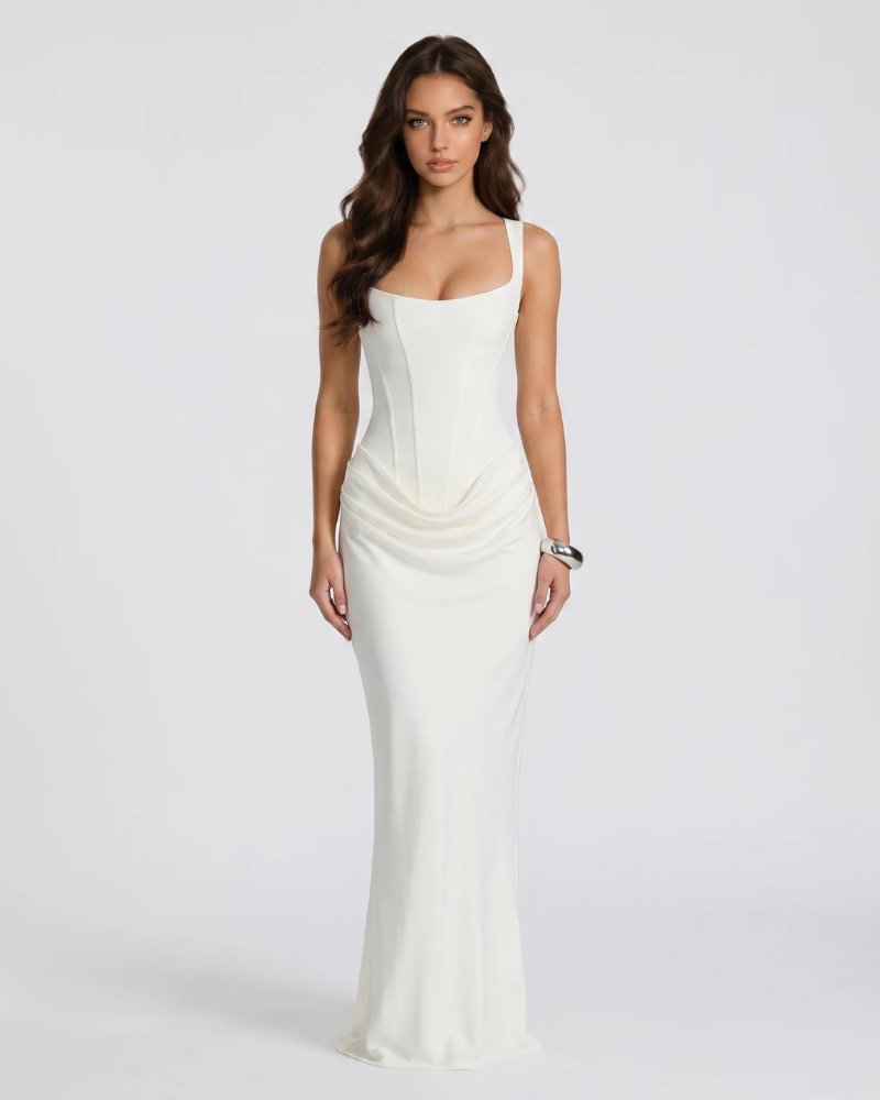 White draped maxi dress with square neckline and corset-style bodice, front full-length view
